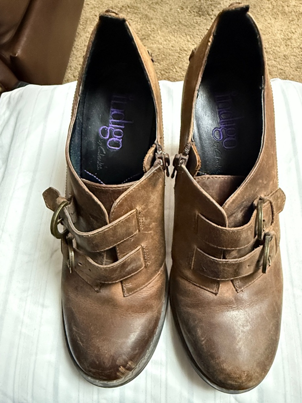 Worn Brown Leather Buckle Ankle Booties for Women